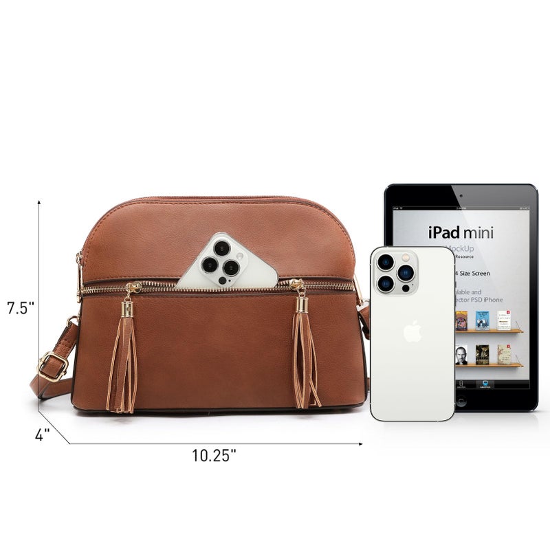 Dasein Women Tassel Zipper Pocket Crossbody Bag Shoulder Purse Fashion Travel Bag with Multi Pockets(1-Brown) - Image 4